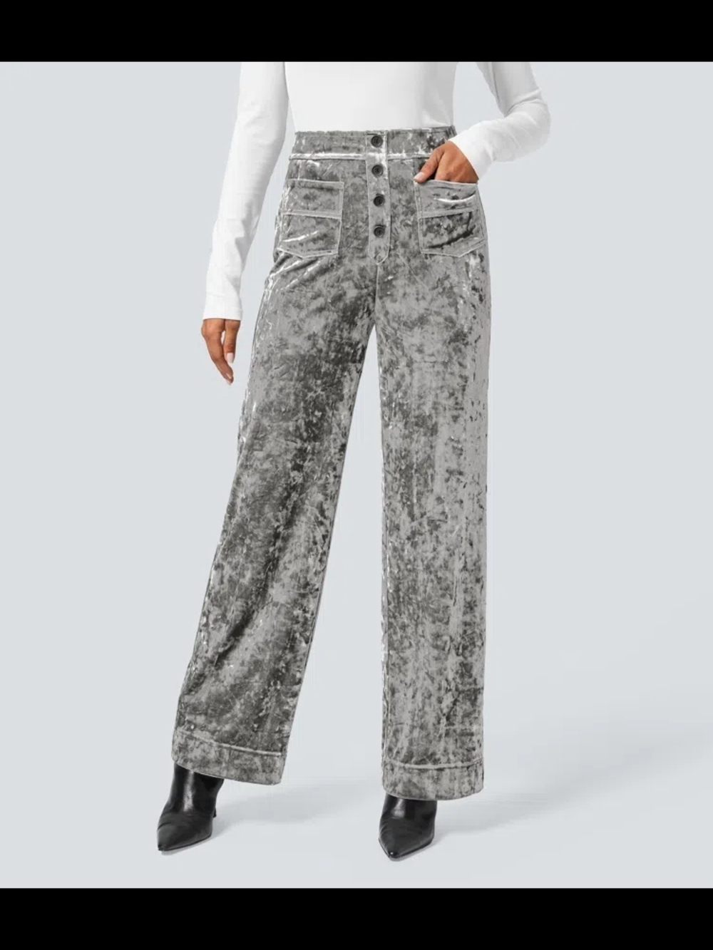 HALARA Silver Crushed Velvet Wide-Leg Pants